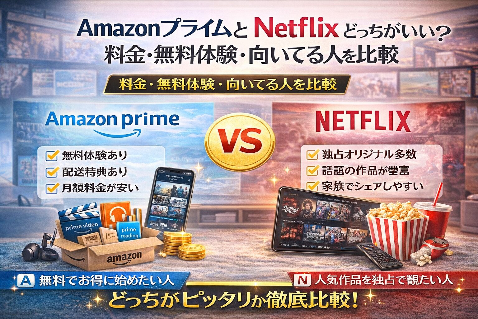 AmazonプライムとNetflixを「料金・無料体験・向いてる人」で比較するアイキャッチ。中央にVS、左にAmazonプライム（無料体験・配送特典・月額が安い）、右にNetflix（独占オリジナル・話題作・家族でシェア）をアイコン付きで整理した画像