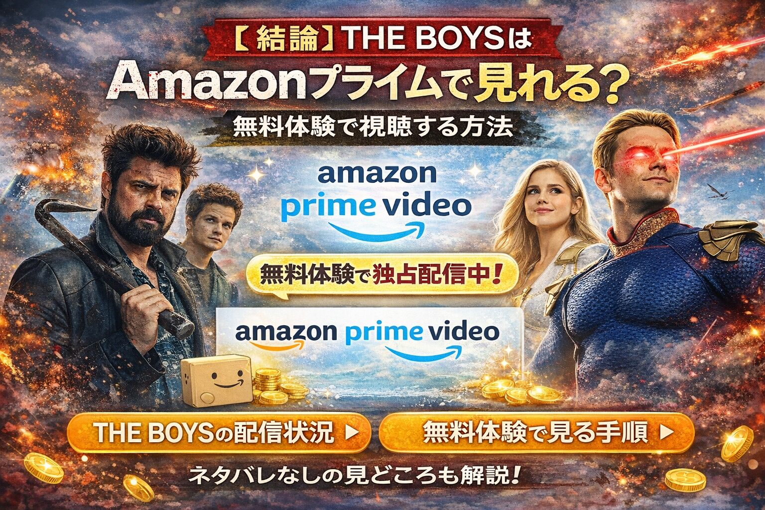 THE BOYSがAmazonプライムで見れるかを案内する、Prime Videoロゴと主要キャラクターを配置したアイキャッチ
